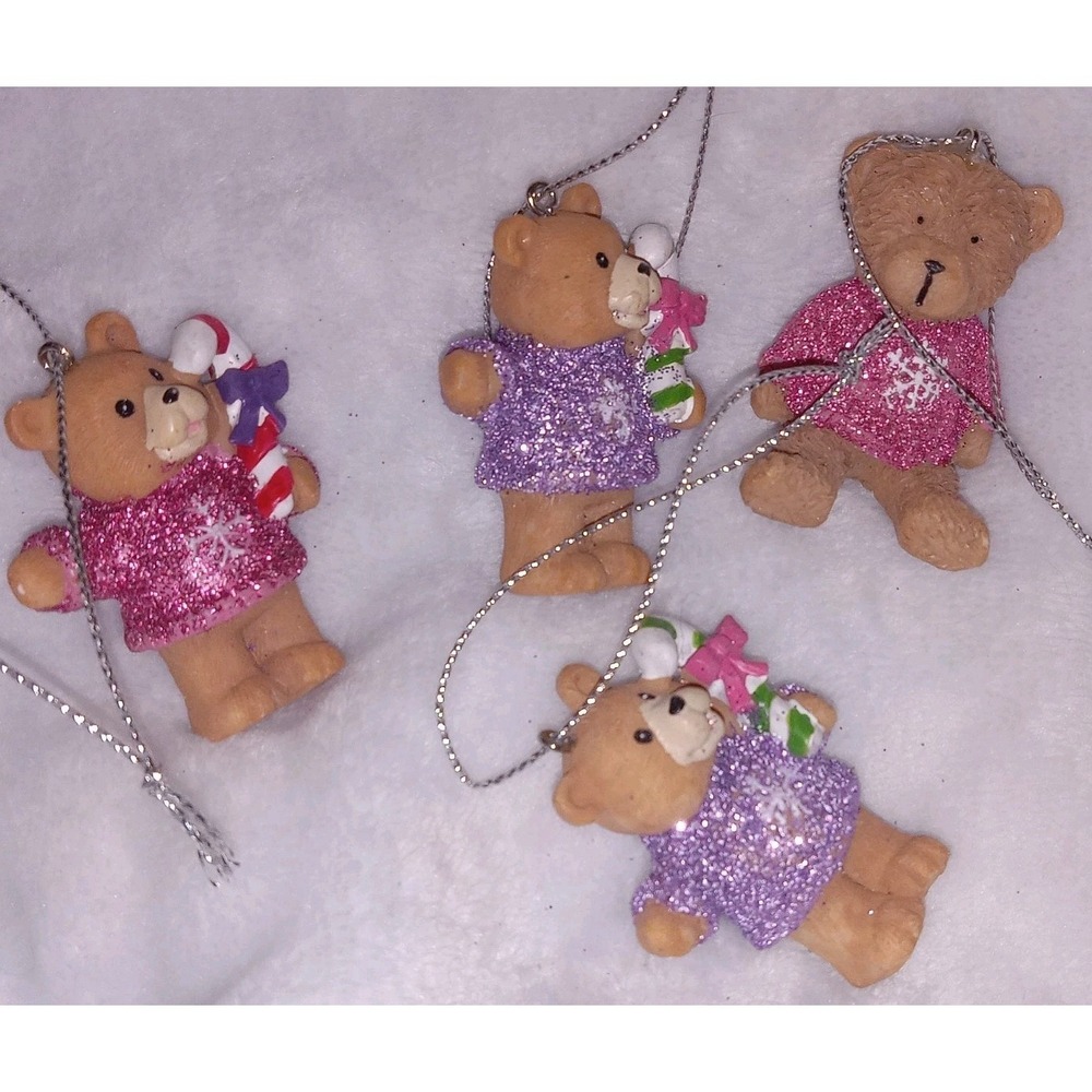 VTG Pink & Purple Glitter Mini Sugar Bear Candy Cane Christmas Tree Ornament